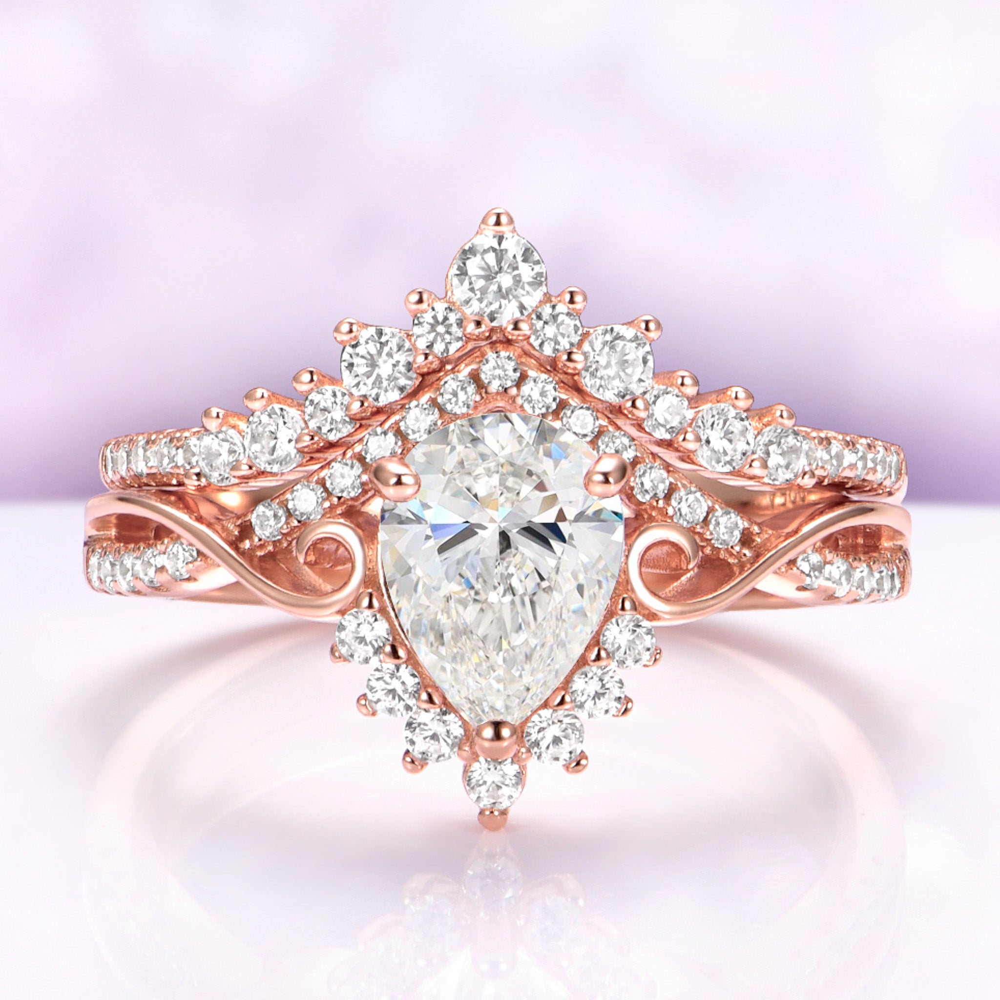 Faye Vintage Pear Shaped Moissanite Engagement Ring Set in Solid 14K Rose Gold
